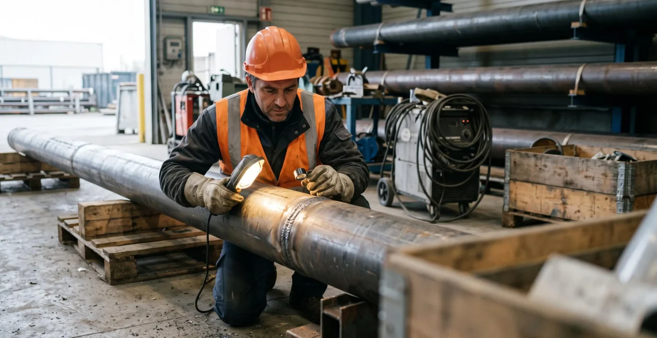 Un chef d'équipe examine de près un joint soudé sur une canalisation industrielle entreposée dans un local de chantier.