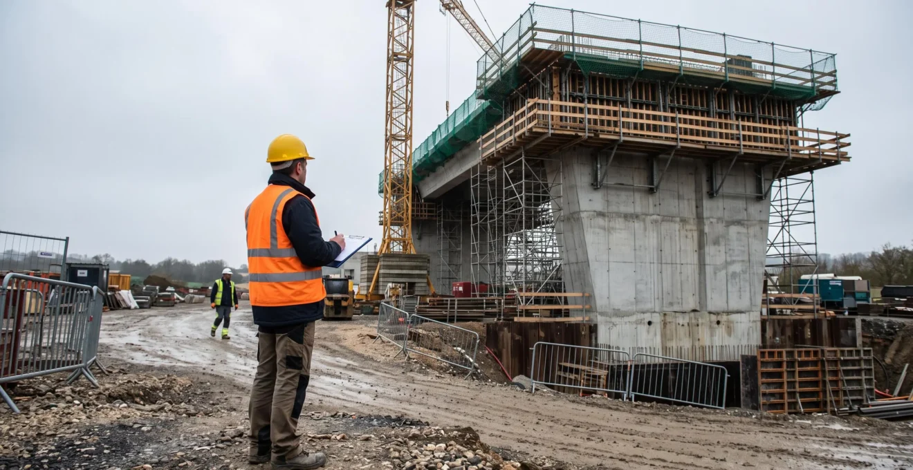 Un conducteur de travaux observe une structure de chantier d'infrastructure de grande ampleur équipée d'une grue, sur un site en France.