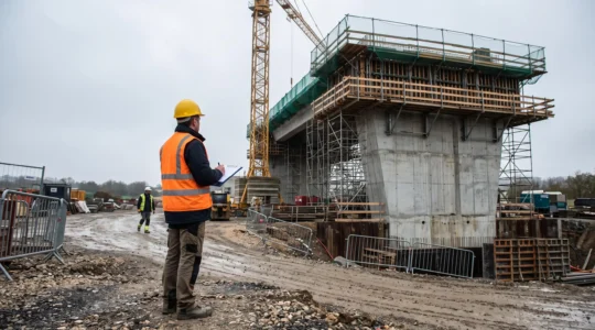 Un conducteur de travaux observe une structure de chantier d'infrastructure de grande ampleur équipée d'une grue, sur un site en France.