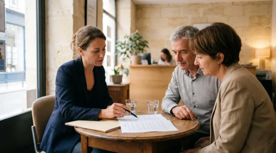 Une conseillère d'assurance explique un contrat papier à un couple assis en face d'elle dans une agence française.