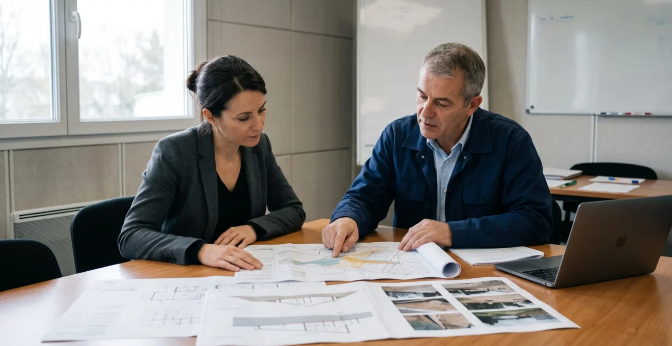 Un directeur de travaux et une négociatrice examinent ensemble des plans de chantier étalés sur une table de réunion.