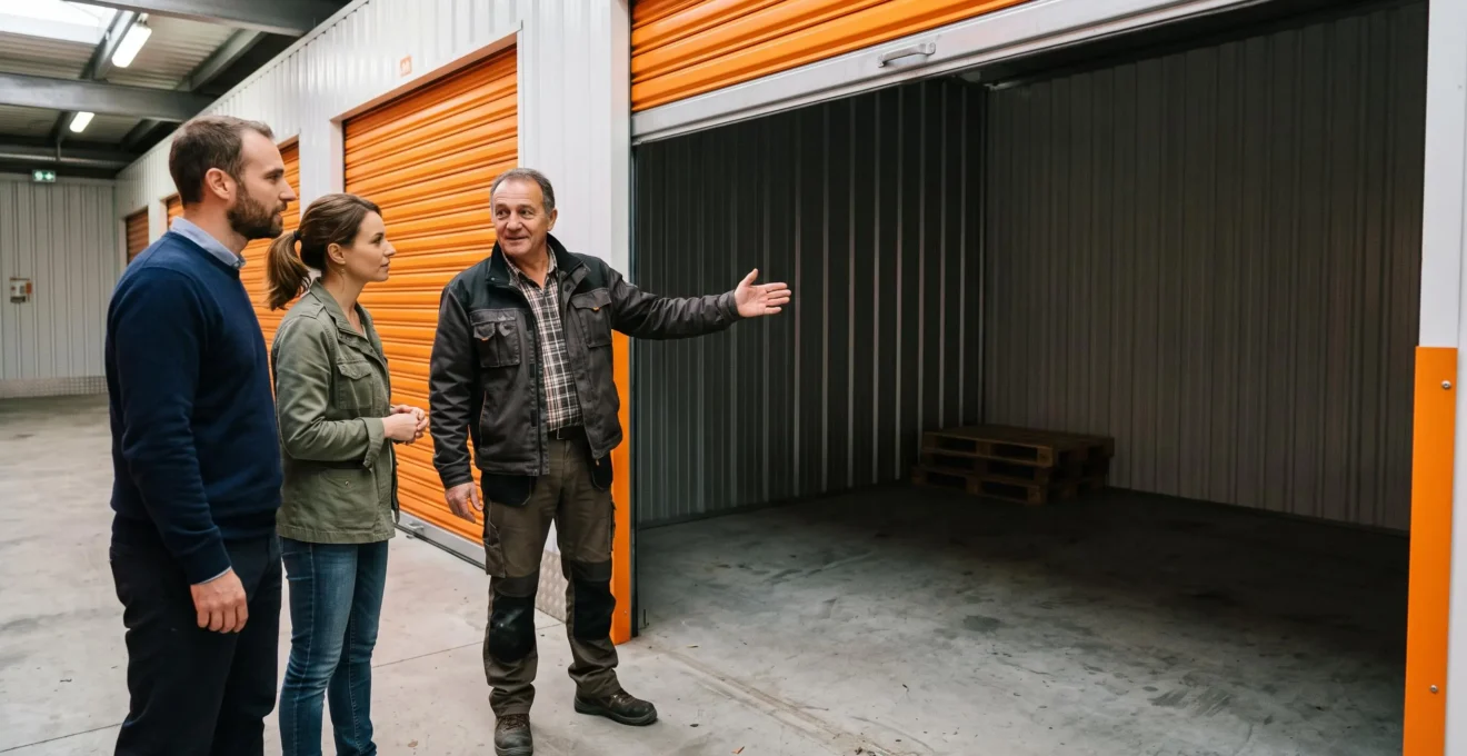 Un employé de centre de stockage présente l'intérieur d'un box vide à un couple de clients dans un couloir de self-stockage.
