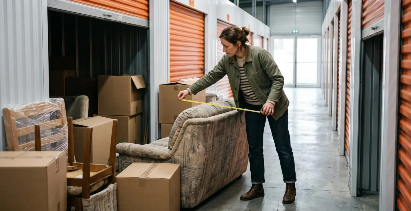 Une femme mesure un canapé avec un mètre ruban dans le couloir d'un centre de self-stockage avant de le ranger dans un box.