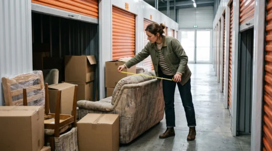 Une femme mesure un canapé avec un mètre ruban dans le couloir d'un centre de self-stockage avant de le ranger dans un box.