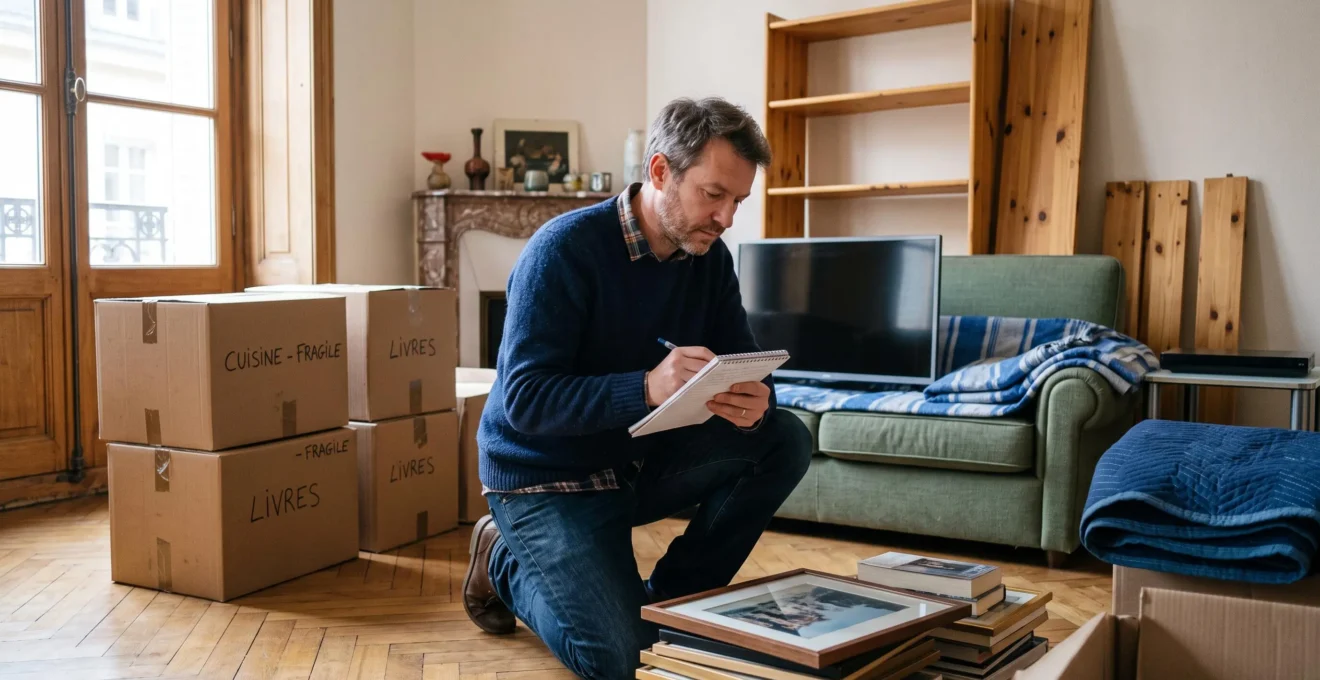 Un homme accroupi dans un salon note un inventaire d'objets regroupés par catégorie avant un déménagement.