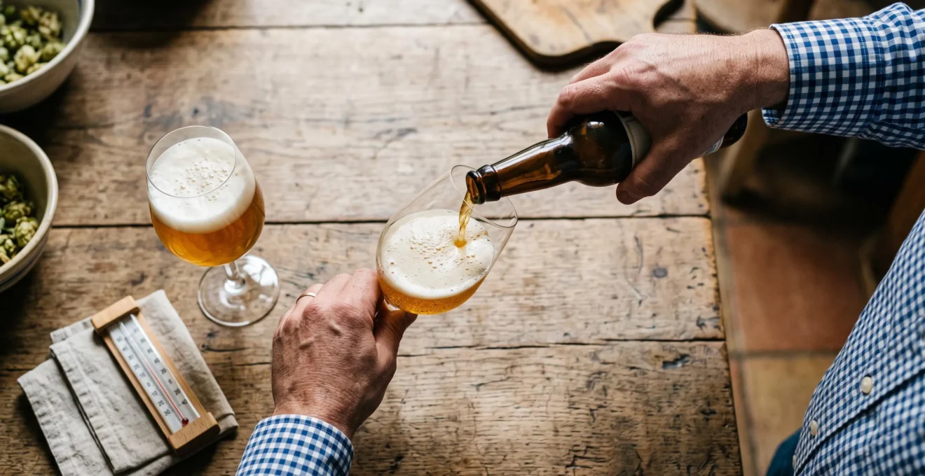 Deux mains versent une bière ambrée en inclinant une bouteille dans un verre en cristal à paroi fine, vue de dessus sur une table en bois.