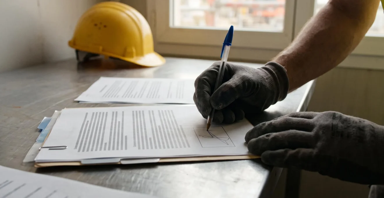 Les mains gantées d'un responsable signent un dossier de contrat posé sur une table dans un local de chantier, un casque à proximité.