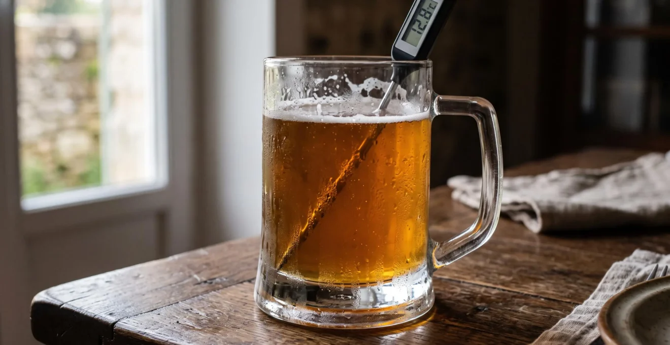 Gros plan sur une chope en verre épais couverte de condensation, avec une sonde thermique plantée dans la bière.