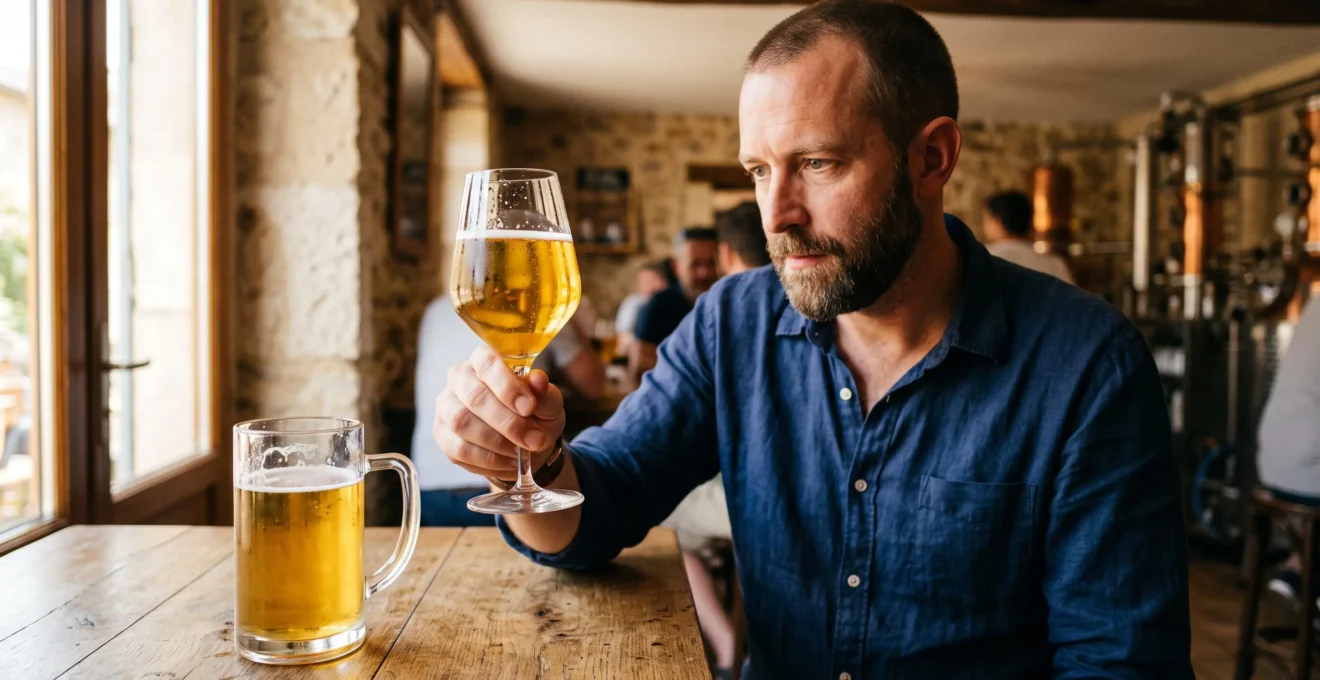 Deux verres à bière côte à côte sur une table en bois : une chope en verre épais et un verre en cristal à paroi fine, dans une salle de dégustation.