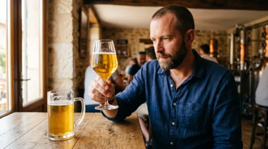 Deux verres à bière côte à côte sur une table en bois : une chope en verre épais et un verre en cristal à paroi fine, dans une salle de dégustation.