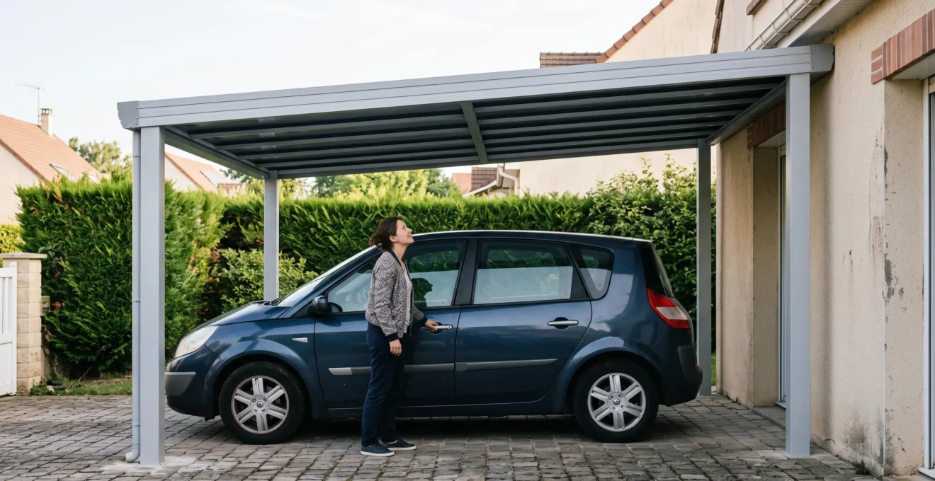 Un carport en aluminium abrite une voiture devant une maison.
