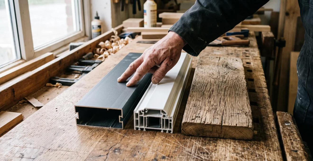 Trois échantillons d'aluminium, de PVC et de bois posés sur un établi.