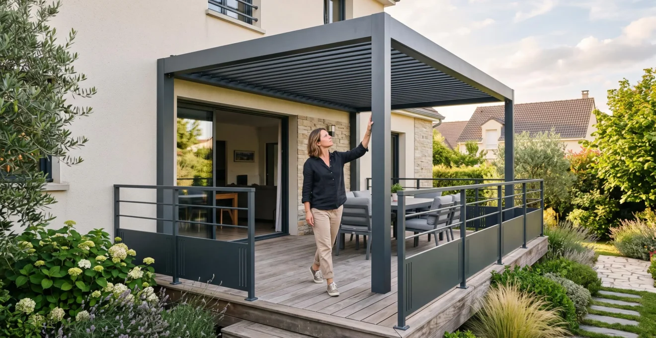 Une pergola en aluminium grise installée sur une terrasse de maison moderne.