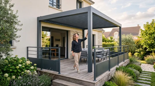 Une pergola en aluminium grise installée sur une terrasse de maison moderne.